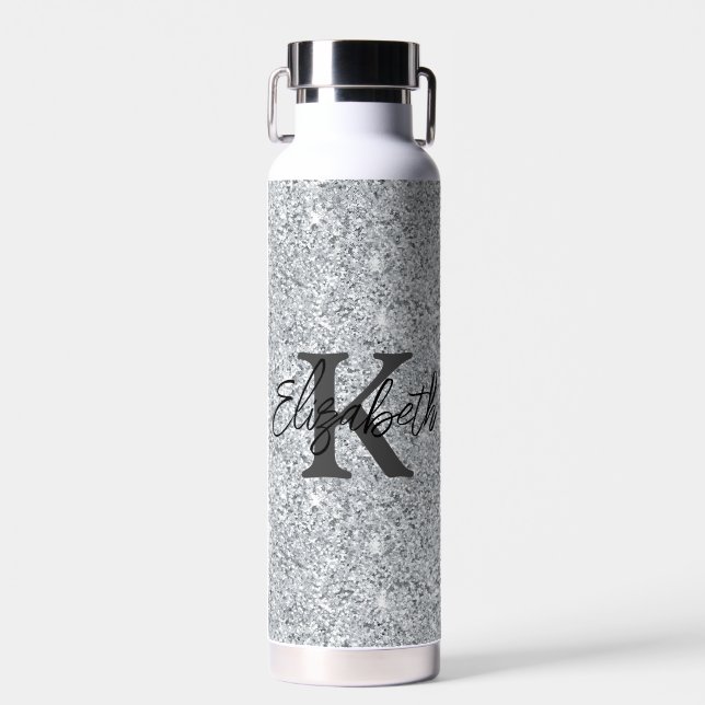 Monogram Name Initial Silver Glitzer Girly Trendy Trinkflasche (Vorne)