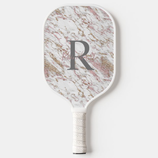 Monogram Name Initial White Gray Gold Pink Marble Pickleball Schläger (Vorderseite)