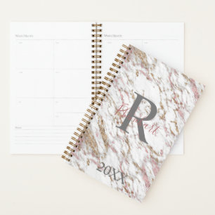 Monogram Name Initial White Gray Gold Pink Marble Planer