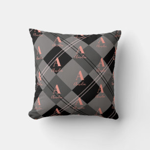 Monogram Name Kariert Grau Schwarz Pink Kissen