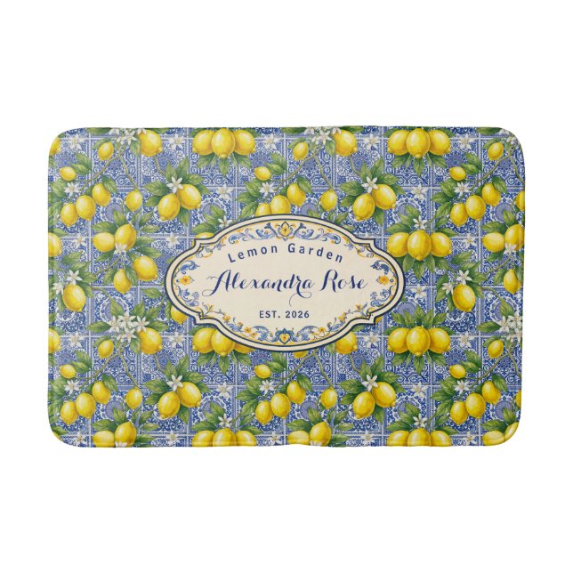 Monogram Name Lemon Blue French Country Tile  Badematte (Vorderseite)