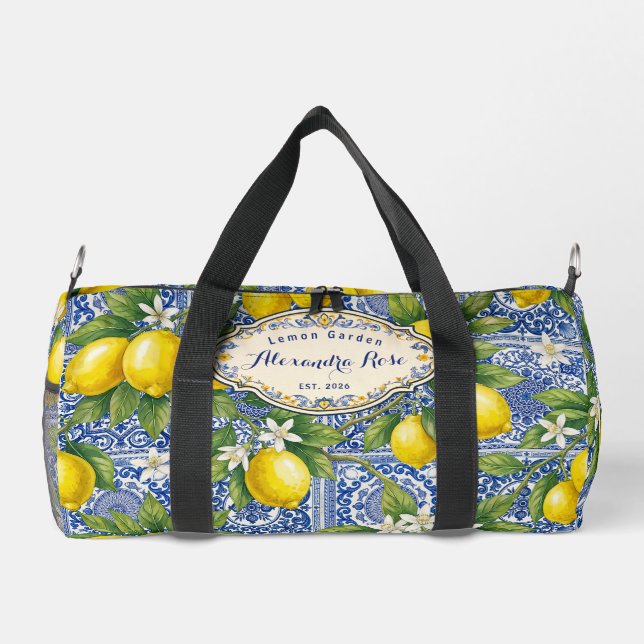 Monogram Name Lemon Blue French Country Tile  Duffle Bag (Rückseite)