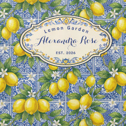 Monogram Name Lemon Blue French Country Tile  Duschvorhang