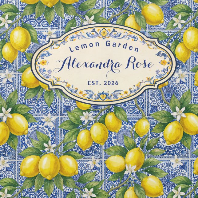 Monogram Name Lemon Blue French Country Tile  Duschvorhang (Von Creator hochgeladen)