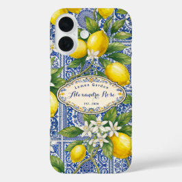 Monogram Name Lemon Blue French Country Tile  iPhone 16 Hülle