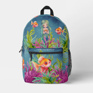 Monogram Name Mermaid Beach Aquamarin Blue Bedruckter Rucksack