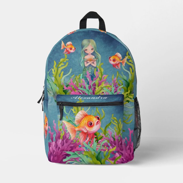 Monogram Name Mermaid Beach Aquamarin Blue Bedruckter Rucksack (Vorderseite)