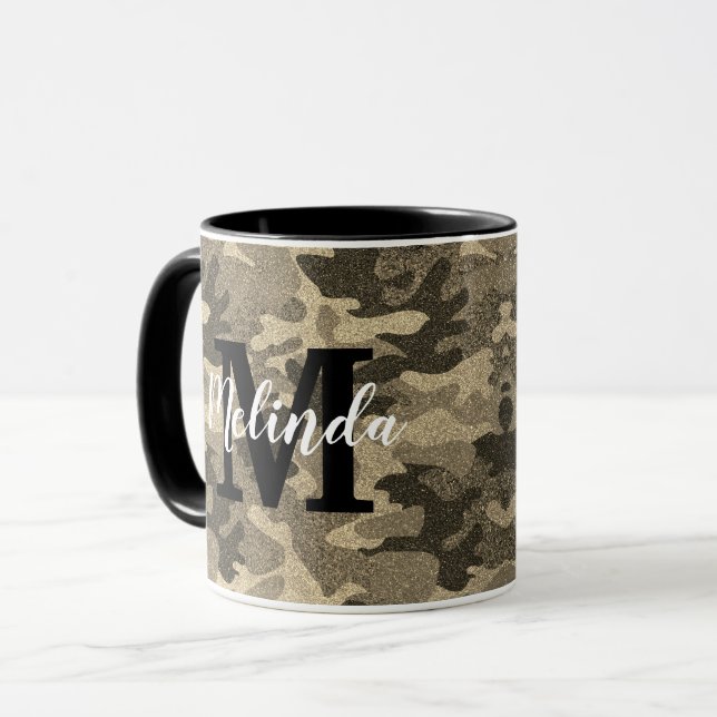 Monogram Name Military Camouflage Gold Glitzer Tasse (Vorderseite Links)
