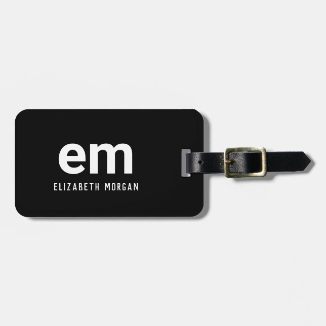 Monogram Name Modern Schwarz-weiß Luggage Tag Gepäckanhänger (Vorderseite horizontal)