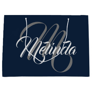 Monogram Name Modern Simply Bridal Gray Navy Große Geschenktüte