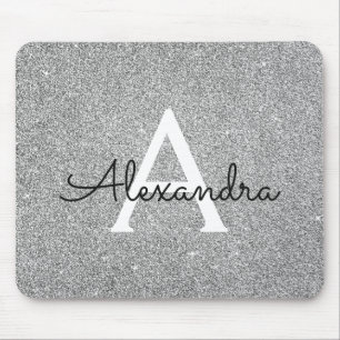 Monogram Name Mousepad für Silver Sparkle Glitzer