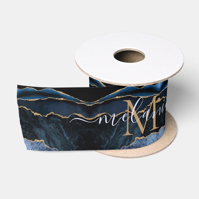Monogram Name Navy Blue Gold Glitzer Ribbon Satinband (Spule)