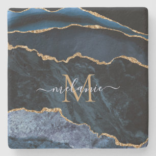 Monogram Name Navy Blue Gold Marble Stone Unterset Steinuntersetzer