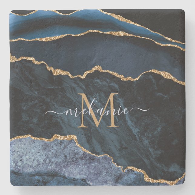 Monogram Name Navy Blue Gold Marble Stone Unterset Steinuntersetzer (Vorderseite)
