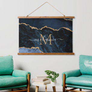 Monogram Name Navy Blue Gold Marble Tapestes Wandteppich Mit Holzrahmen