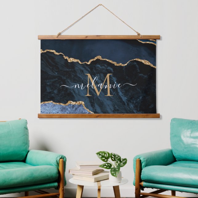 Monogram Name Navy Blue Gold Marble Tapestes Wandteppich Mit Holzrahmen (Wohnzimmer)