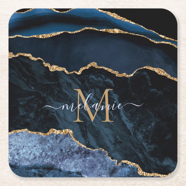 Monogram Name Navy Blue Gold Marmor Paper Unterset Rechteckiger Pappuntersetzer (Vorderseite)