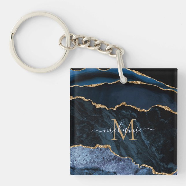 Monogram Name Navy Blue Gold Marmor Schlüsselanhän Schlüsselanhänger (Vorderseite)