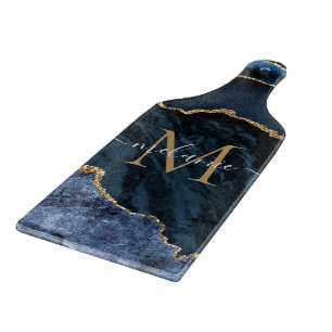 Monogram Name Navy Blue Gold Marmorplatine Schneidebrett
