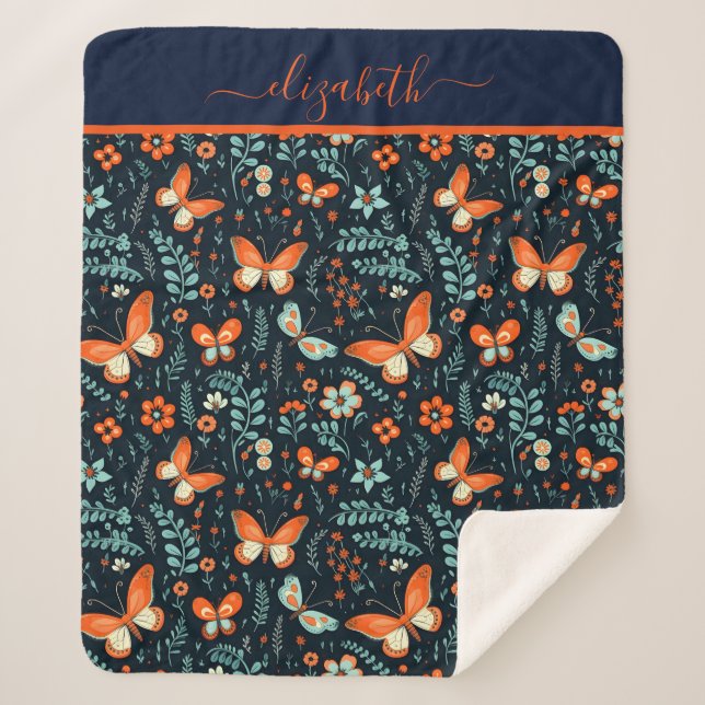 Monogram Name Navy Blue Orange Butterfly Floral Sherpadecke (Vorderseite)
