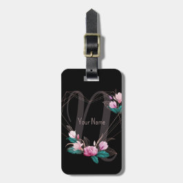 Monogram Name Pink Floral Geometric Frame Black Gepäckanhänger