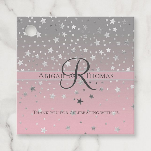 Monogram Name Pink Grau Silver Stars Trendy Clas Geschenkanhänger (Vorderseite)