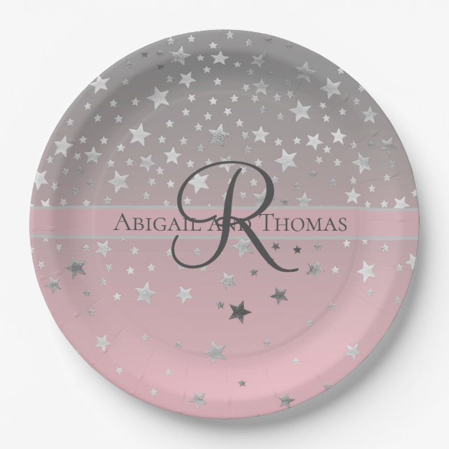 Monogram Name Pink Gray Silver Stars Hochzeit Pappteller (Vorderseite)