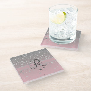 Monogram Name Pink Gray Silver Stars Trendy Glasuntersetzer