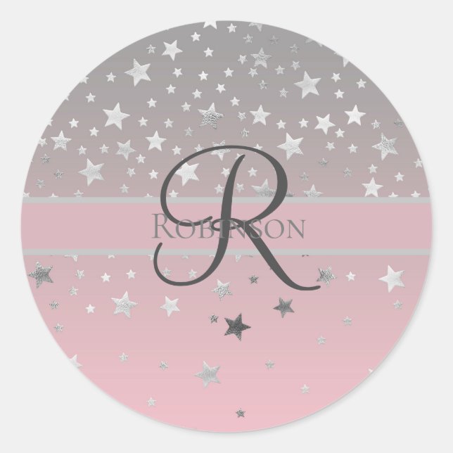 Monogram Name Pink Gray Silver Stars Trendy Runder Aufkleber (Vorderseite)