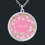 Monogram Name Pink Green Floral Script Calligraphy Versilberte Kette<br><div class="desc">Monogram,  dieses hübsche rosa und grüne Flockenhalskette mit Ihrem Namen oder Ihren Initialen. Diese Halsketten sind großartige Geschenke für Brautmädchen,  Muttergeschenke und Geschenke für jede Frau in deinem Leben.</div>
