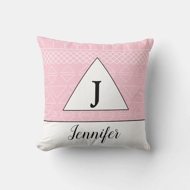 Monogram Name Pink White Geometric Muster Kissen (Vorderseite)