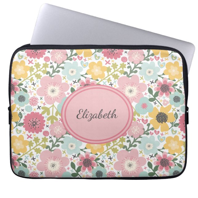 Monogram Name Pink Yellow Blue Floral Feminine  Laptopschutzhülle (Vorderseite)