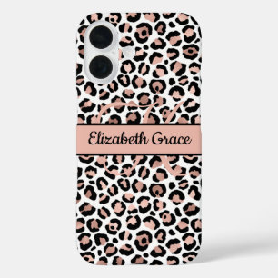 Monogram Name Rose Gold Black Leopard Print iPhone 16 Hülle