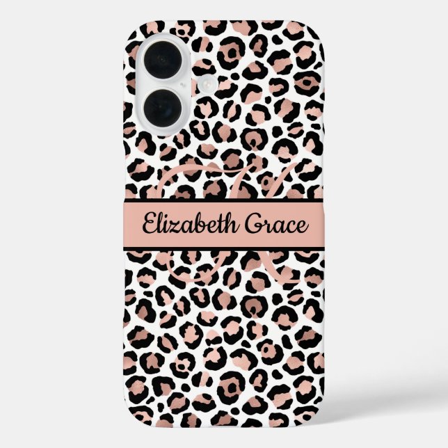 Monogram Name Rose Gold Black Leopard Print iPhone 16 Hülle (Rückseite)