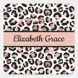 Monogram Name Rose Gold Black Leopard Print Quadratischer Aufkleber