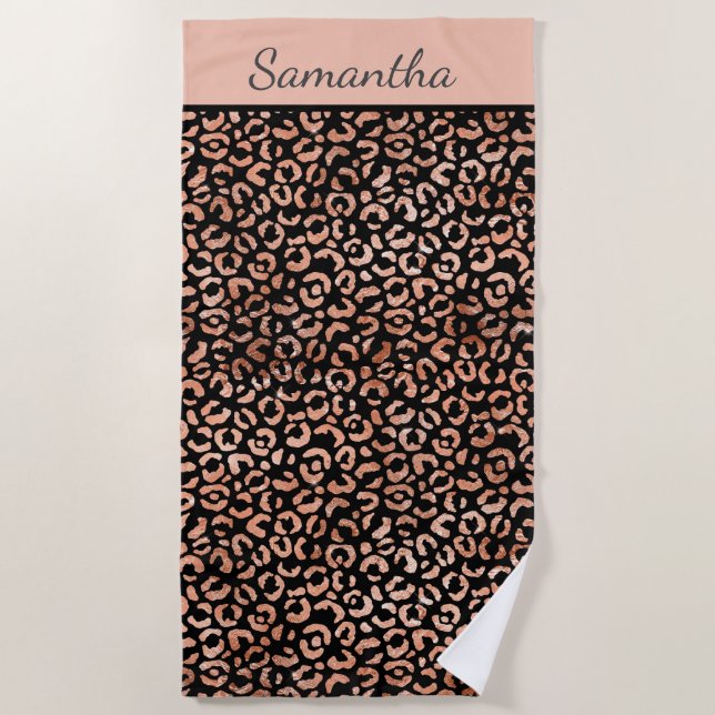 Monogram Name Rose Gold Black Leopard Print Strandtuch (Vorderseite)