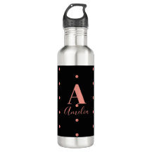 Monogram Name Rose Gold Black Polka Dot