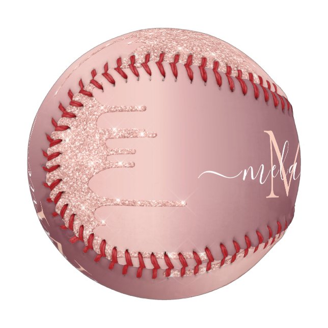 Monogram Name Rose Gold Blush Glitzer Baseball (Vorderseite Links)