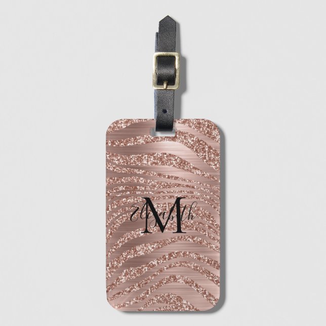 Monogram Name Rose Gold Glitzer Animal Print Gepäckanhänger (Vorderseite Vertikal)