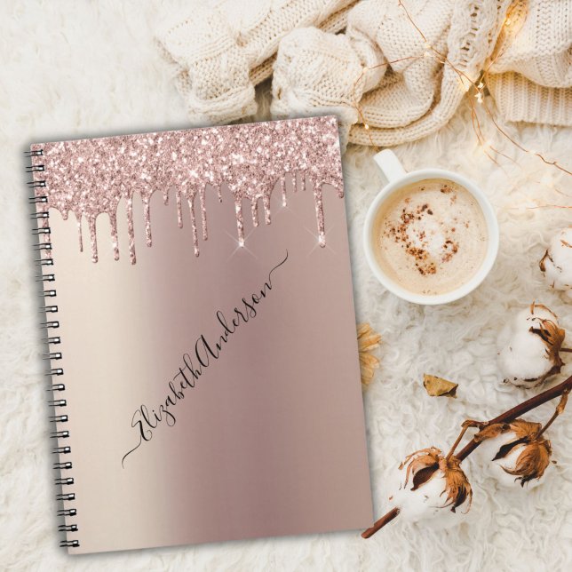 Monogram Name Rose Gold Glitzer Tropfen Trendy Gir Notizblock (Rose gold glitter drip monogrammed name notebook.)