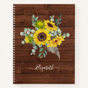 Monogram Name Rustic Wood Yellow Sunflower Notizbuch