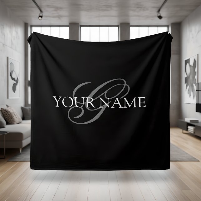 Monogram Name Script Black Gray Fleecedecke (Von Creator hochgeladen)