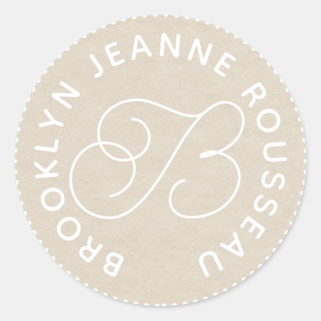 Monogram Name Script Initial Cream Umschlag Aufkle Runder Aufkleber (Vorderseite)