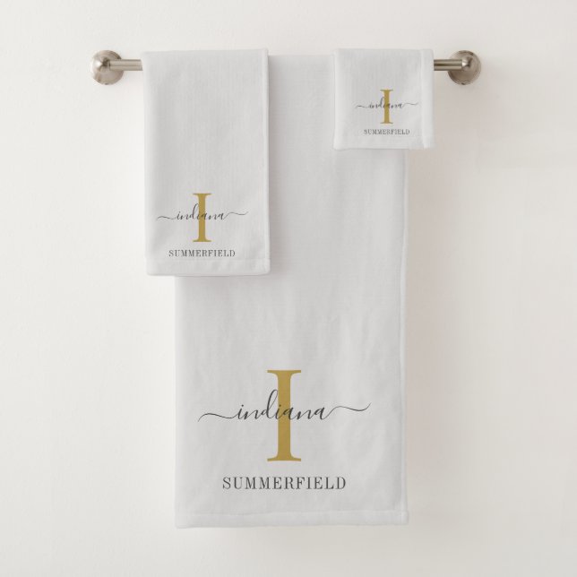 Monogram Name Script Minimalistisch Gold Grau Badhandtuch Set (Insitu)
