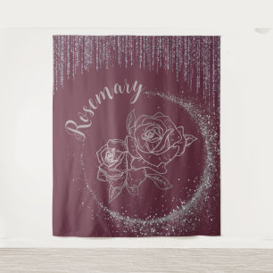 Monogram Name Silver Glitzer & Rose auf Bordeaux   Wandteppich