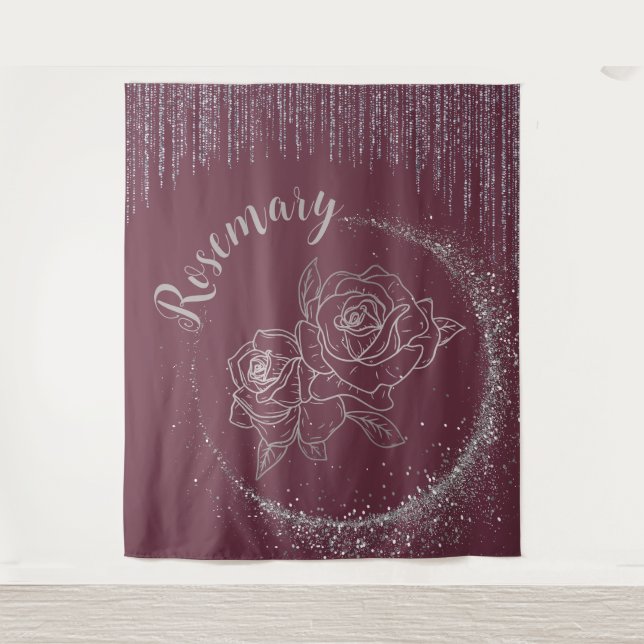 Monogram Name Silver Glitzer & Rose auf Bordeaux | Wandteppich (Vorderseite)