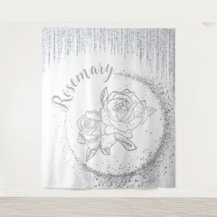 Monogram Name Silver Glitzer & Rose auf weiß Wandteppich