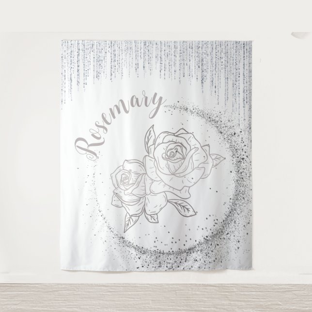 Monogram Name Silver Glitzer & Rose auf weiß | Wandteppich (Vorderseite)