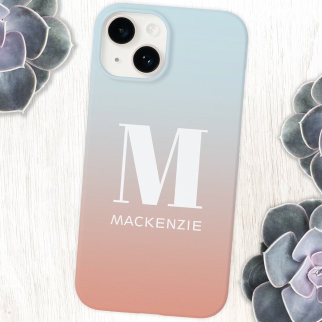 Monogram Name Simple Gradient Personalisiert Case-Mate iPhone 14 Hülle (Orange pink to pale blue gradient monogram initial name personalized cell phone cover)