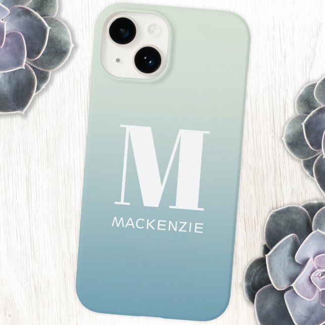 Monogram Name Simple Gradient Personalisiert Case-Mate iPhone 14 Hülle (Simple monogram name teal blue green gradient personalized cell phone case)